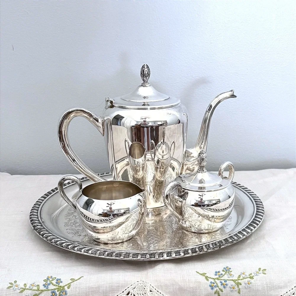 Vintage Silver Plated 4pc Tea Set Chased Floral Teapot Sugar Creamer Round Tray